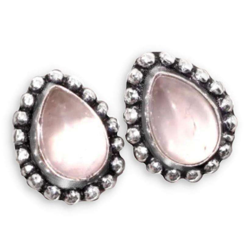 Natural Pink Rose Quartz Pear Gemstone .925  Sterling Silver Plated Stud Earrings
