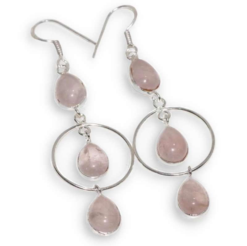 Natural Pink Rose Quartz  set in .925 Sterling Silver Plated Long Drop Dangle Earrings