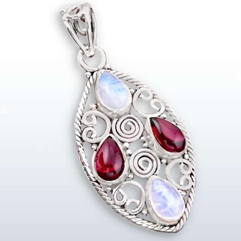Indonesian - Bali Natural Garnet and Rainbow Moonstone Solid .925 Sterling Silver Pendant