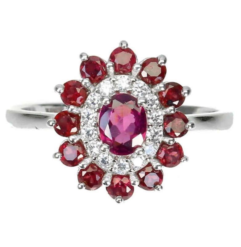 Natural Rhodolite Garnet Diamond Cut White Cubic Zirconia Solid .925 Silver Ring Size US 8 / Q