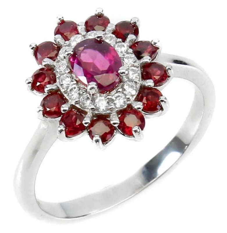 Natural Rhodolite Garnet Diamond Cut White Cubic Zirconia Solid .925 Silver Ring Size US 8 / Q