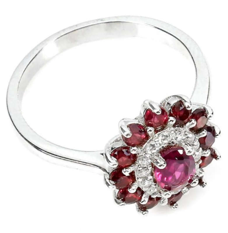 Natural Rhodolite Garnet Diamond Cut White Cubic Zirconia Solid .925 Silver Ring Size US 8 / Q