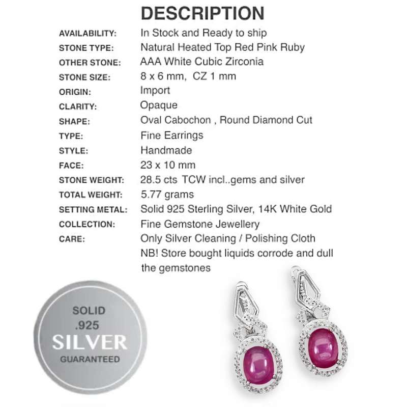Deluxe Natural Red Pink Ruby and White CZ Gemstone Set in Solid .925 Sterling Silver Earrings