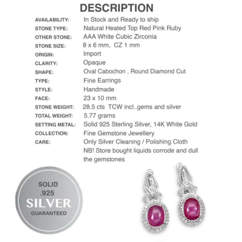 Deluxe Natural Red Pink Ruby and White CZ Gemstone Set in Solid .925 Sterling Silver Earrings