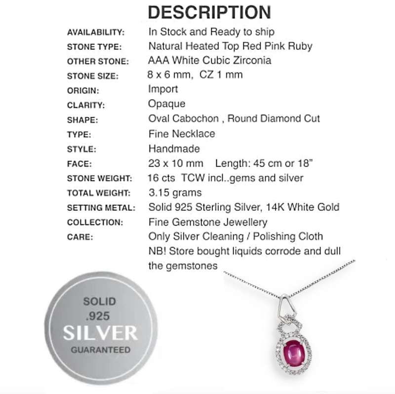 Deluxe Natural Red Pink Ruby and White CZ Gemstone Set in Solid .925 Sterling Silver Necklace