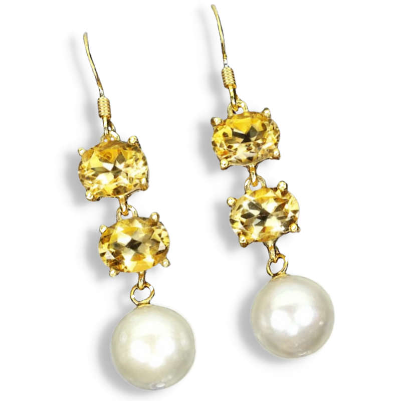 Natural Unheated Rich Yellow Citrine 8x6mm White Pearl 925 Sterling Silver 14K Yellow Gold Earrings