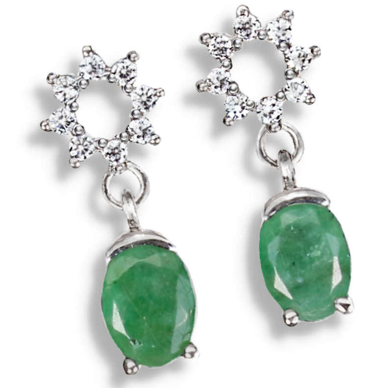 Natural Unheated Brazilian Emerald White CZ Solid .925 Sterling Silver 14k White Gold Earrings