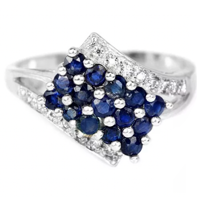 15 Natural Deep Blue Sapphires, White Cubic Zirconia in Solid .925 Sterling Silver 14K W/Gold Ring
