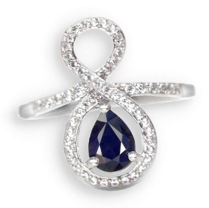 Deluxe Natural Blue Sapphire & White Cubic Zirconia in Solid.925 Silver 14K W/Gold Ring Size 8/Q