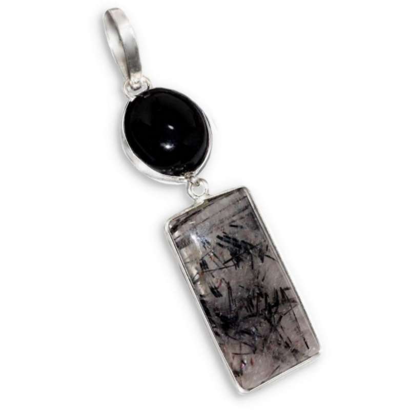 Handmade Black Onyx and Black Rutile Quartz Gemstone .925 Sterling Silver Plated Pendant