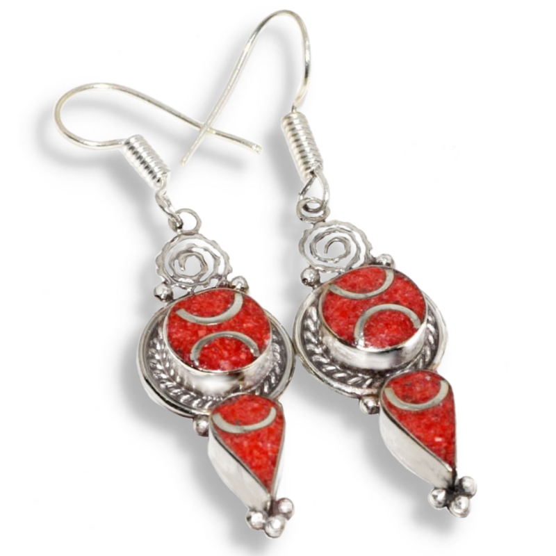 Handmade from Nepal Natural Sponge Coral Gemstone set in Tibetan Silver Earrings