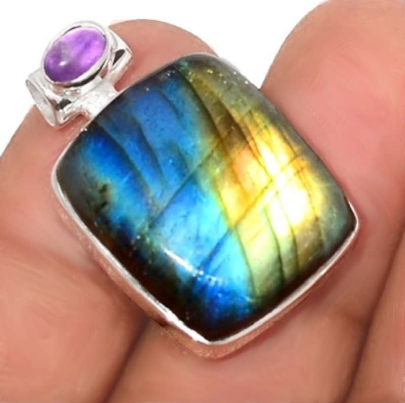 Natural Multi Fire Labradorite and Purple Amethyst set in Solid .925 Silver Sterling Pendant