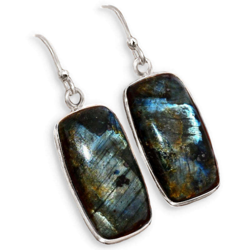 Natural Norwegian Larvikite Rectangle Gemstone set in Solid .925 Sterling Silver Earrings