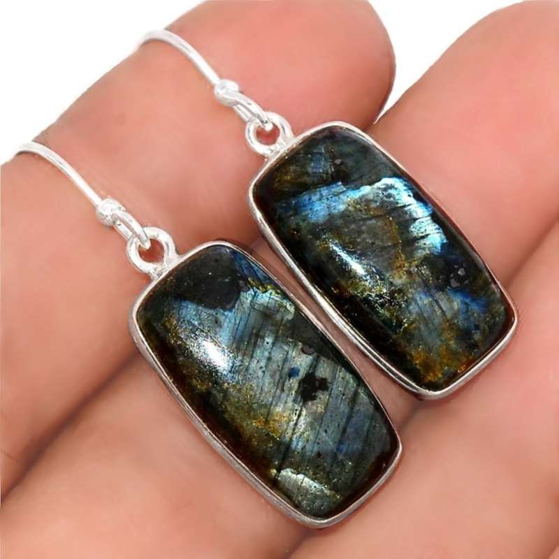 Natural Norwegian Larvikite Rectangle Gemstone set in Solid .925 Sterling Silver Earrings