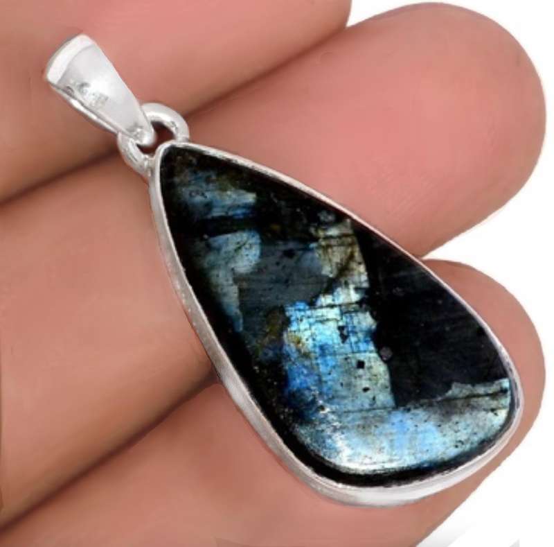 Natural Norwegian Larvikite Gemstone set in Solid .925 Sterling Silver Pendant
