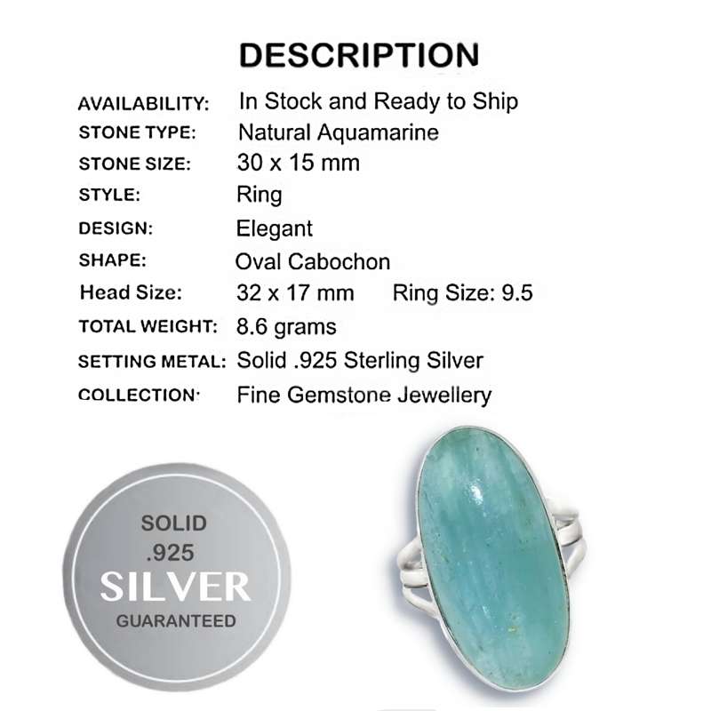 13 x 15 mm Natural Brazilian Aquamarine Set in Solid .925 Sterling Silver Ring Size 9.5 OR S1/2