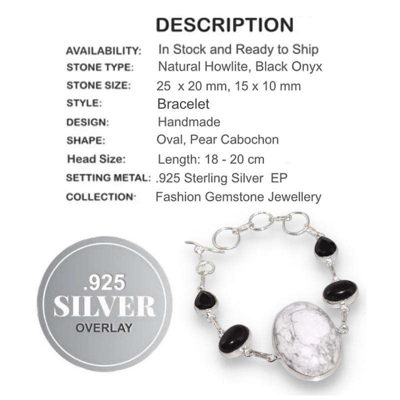 Natural Howlite and Black Onyx Gemstone set in .925 Sterling Silver Plated Handmade Bracelet