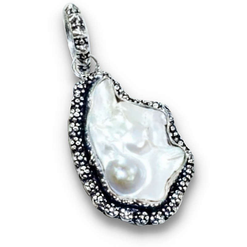 Creamy White Biwa Pearl Gemstone . set in 925 Sterling Silver Plated Handmade Pendant