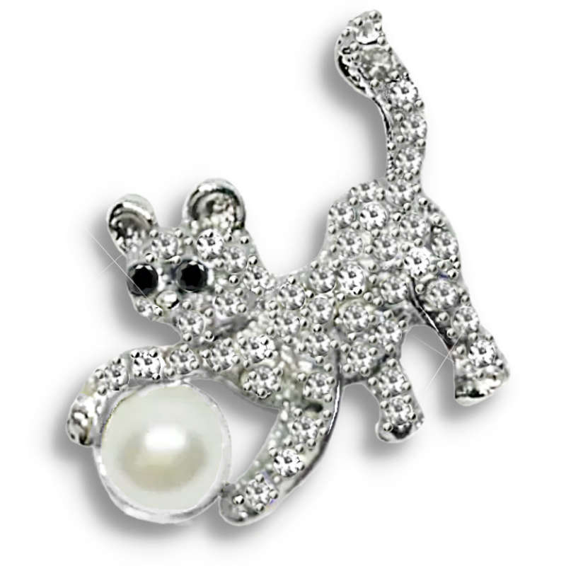 White and Black Cubic Zirconia and Pearl Playful Kitten Silver Plated Brooch