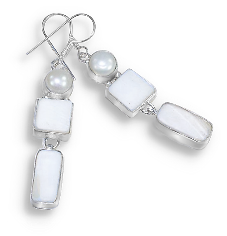 Natural Mother Of Pearl and White River Pearl in.925 Sterling Silver Plated Mixed Shape Earrings