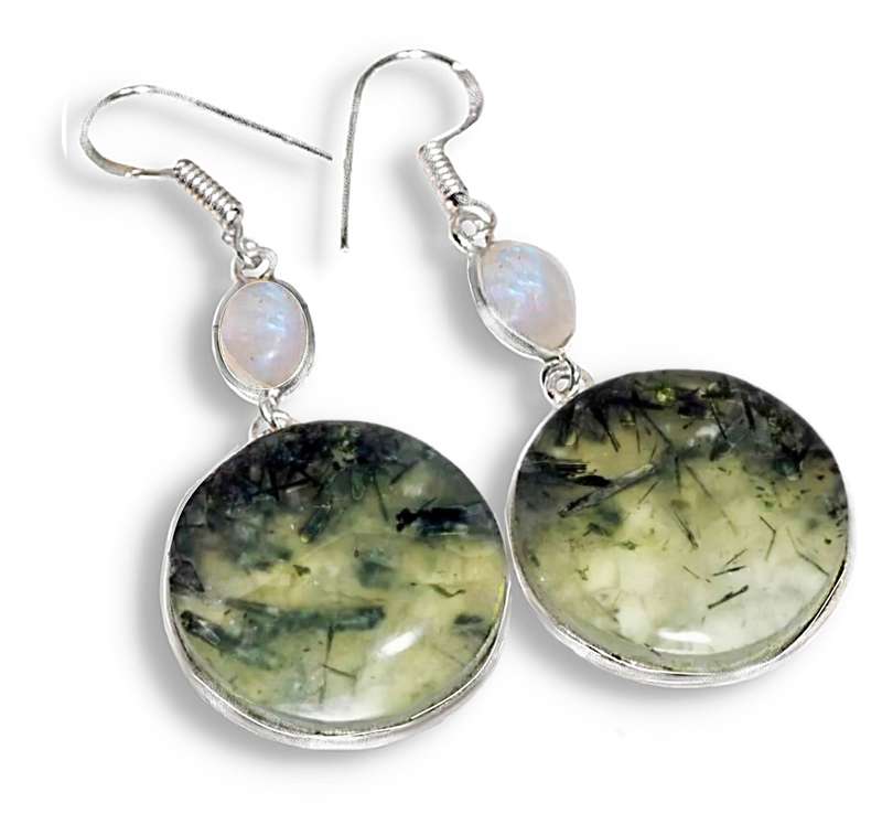 Natural Scottish Moss Prehnite Rainbow Moonstone Gemstone .925 Sterling Silver Plated Earrings