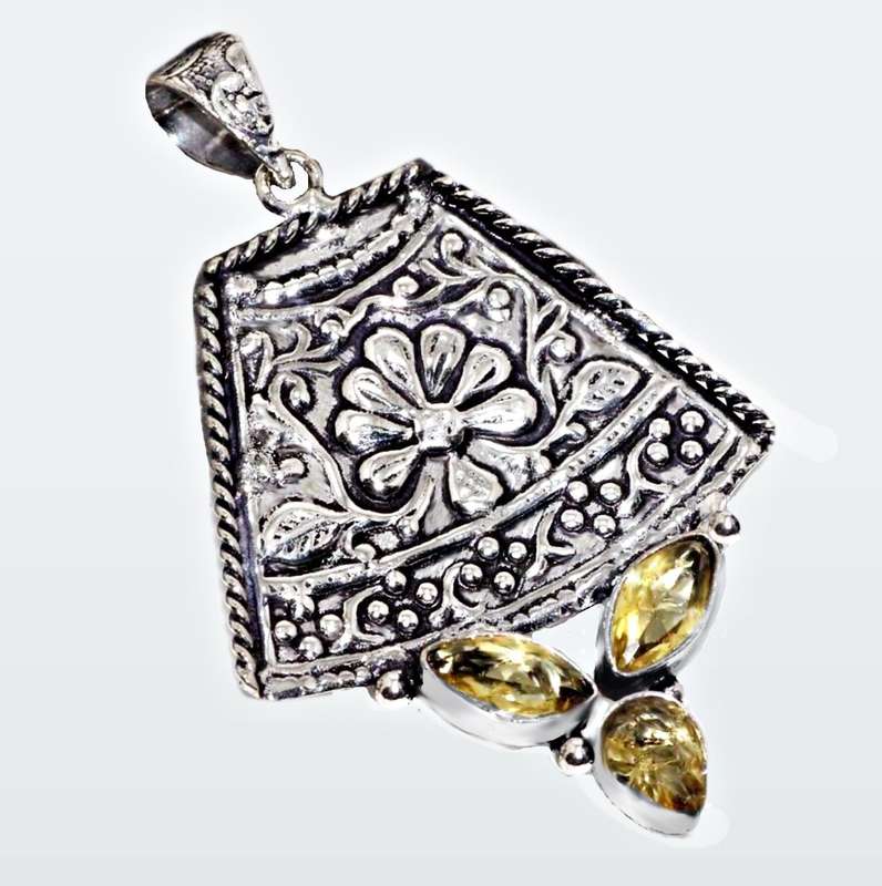 Sunny Citrine Mixed Shape Gemstones set in 925 Sterling Silver Plated Handmade Spiral Pendant