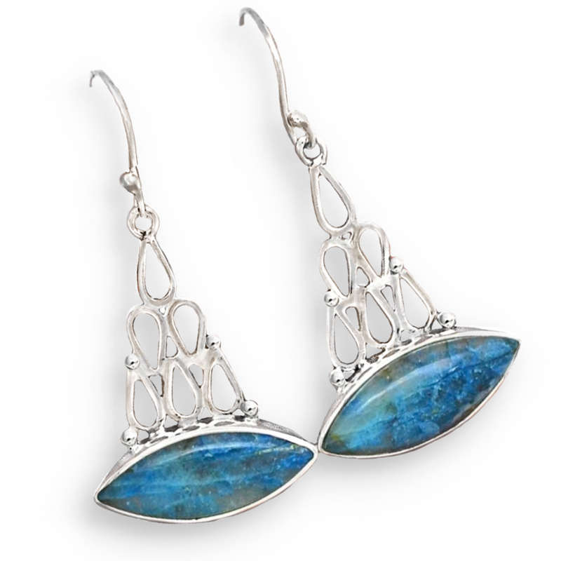 RARE Natural Lightning Azurite in Quartz  set in Solid .925 Sterling Silver Earrings