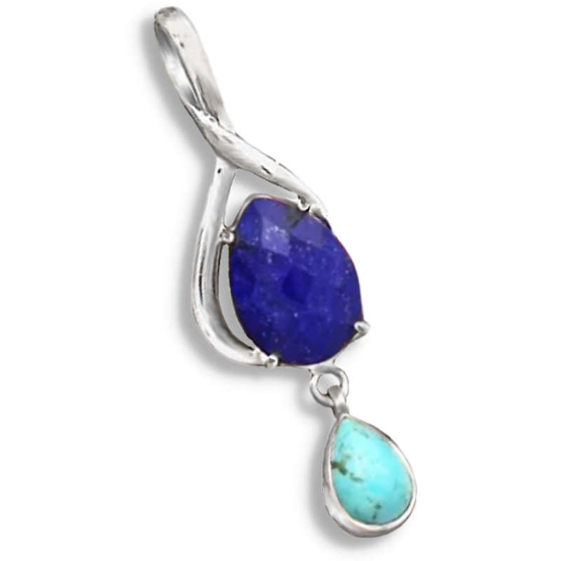Natural Lapis Lazuli and Sleeping Beauty Turquoise Gemstone in Solid .925 Sterling Silver Pendant