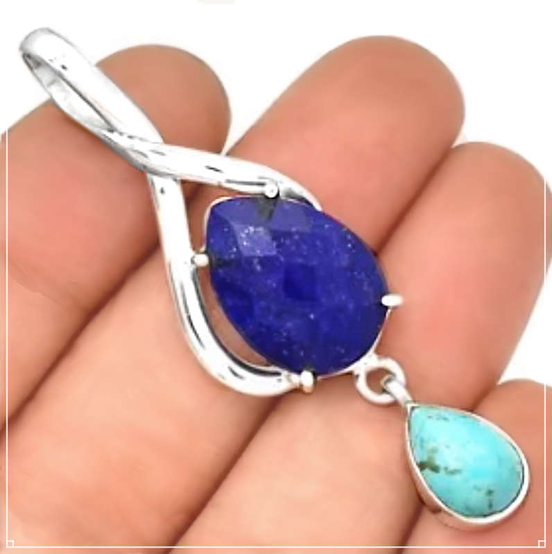 Natural Lapis Lazuli and Sleeping Beauty Turquoise Gemstone in Solid .925 Sterling Silver Pendant