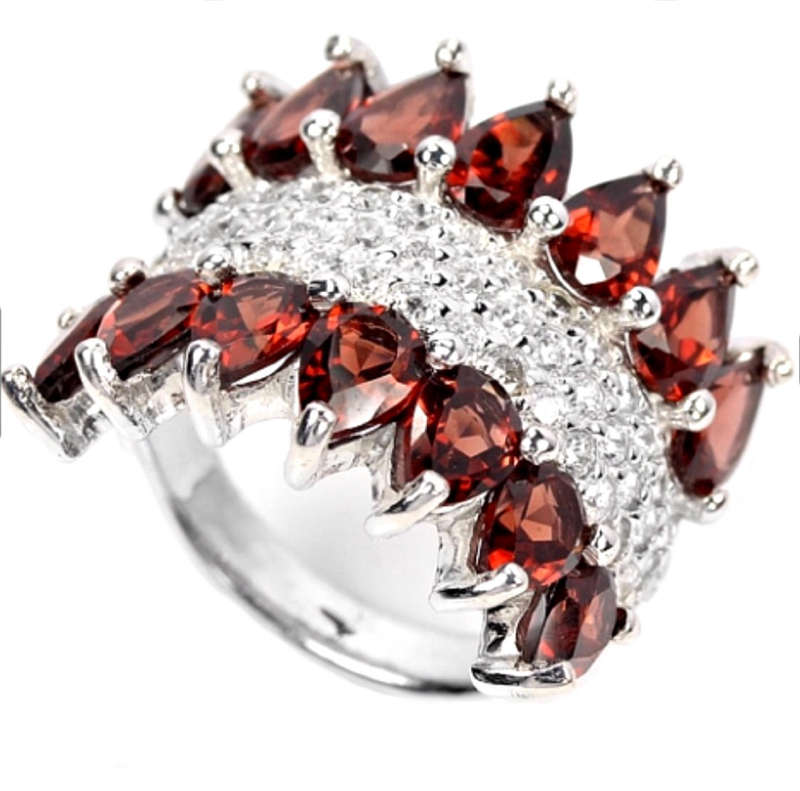 Natural Unheated Cambodian Garnet, AAA White CZ Solid 925 Silver14K White Gold Ring Size 6/M