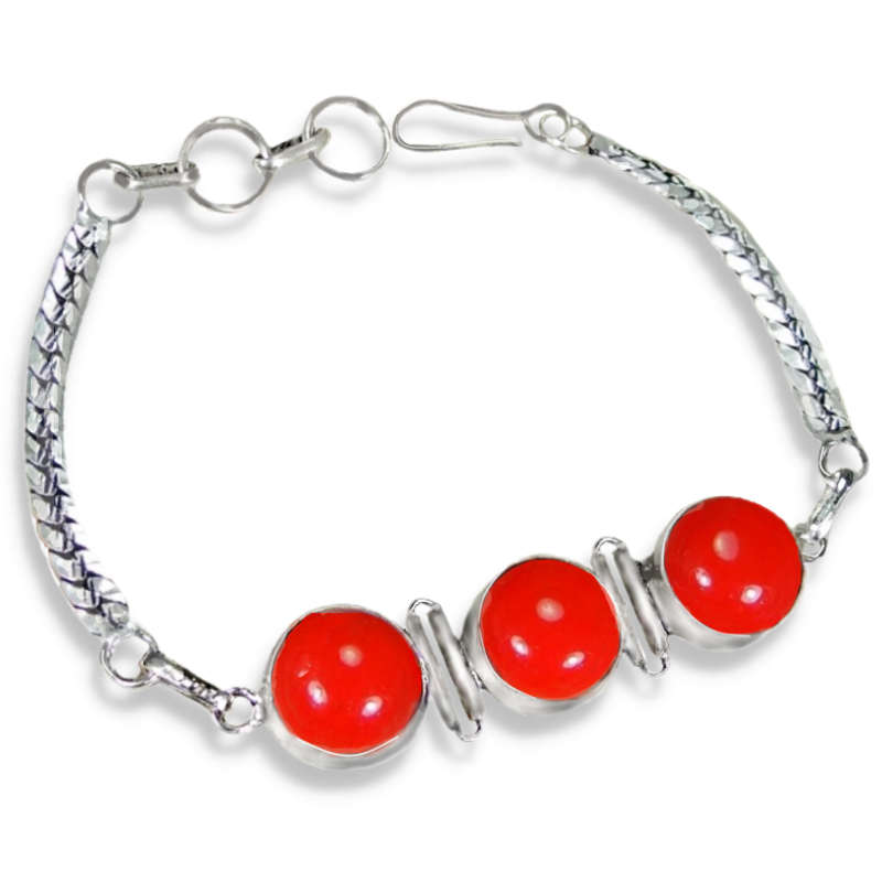Red Coral Round set in .925 Sterling Silver Plated Handmade Bracelet