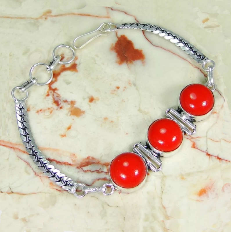 Red Coral Round set in .925 Sterling Silver Plated Handmade Bracelet
