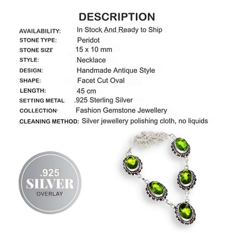 Peridot Ovals set in Antique style .925 Sterling Silver Plated Handmade Necklace