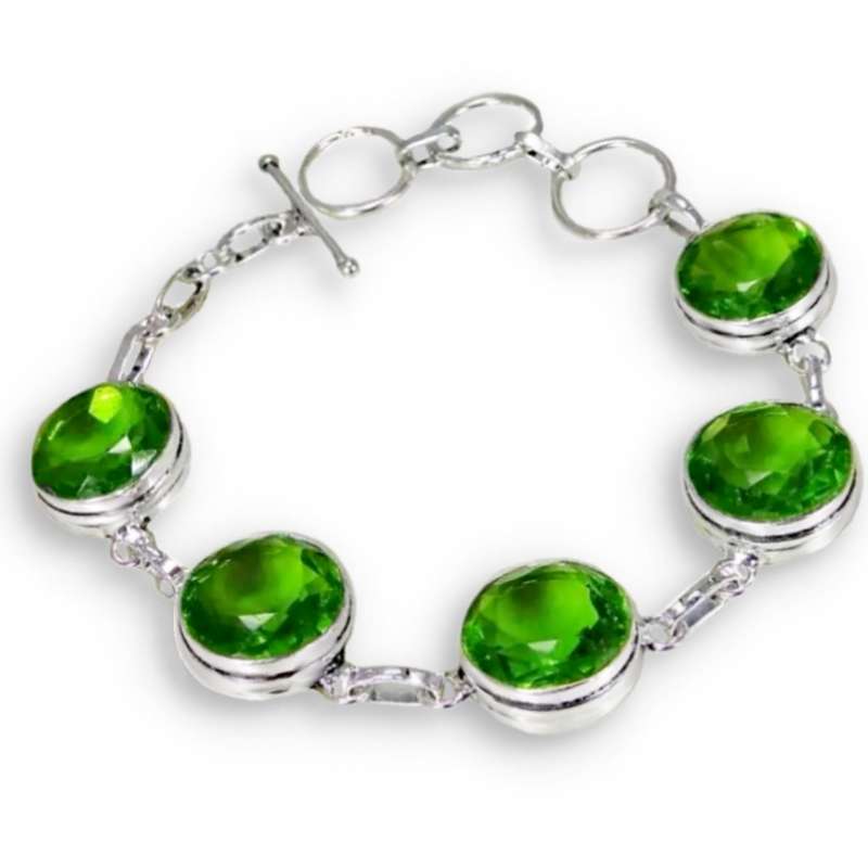 Faceted Peridot Rounds Gemstone set in  .925 Sterling Silver Plated Handmade Bracelet