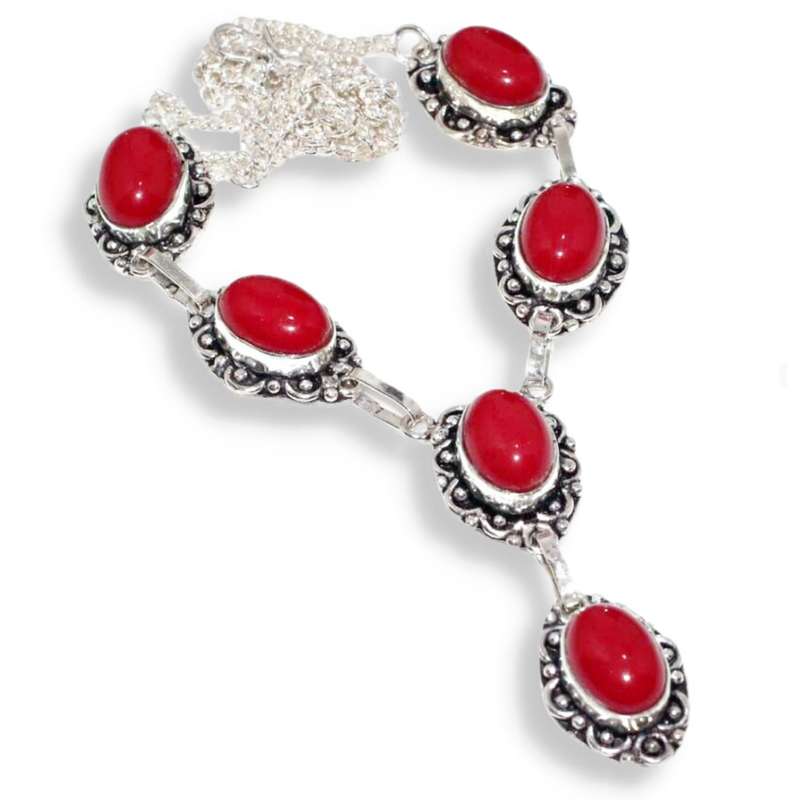 Vibrant Red Coral Ovals set in .925 Sterling Silver Antique Style Plated Handmade Necklace