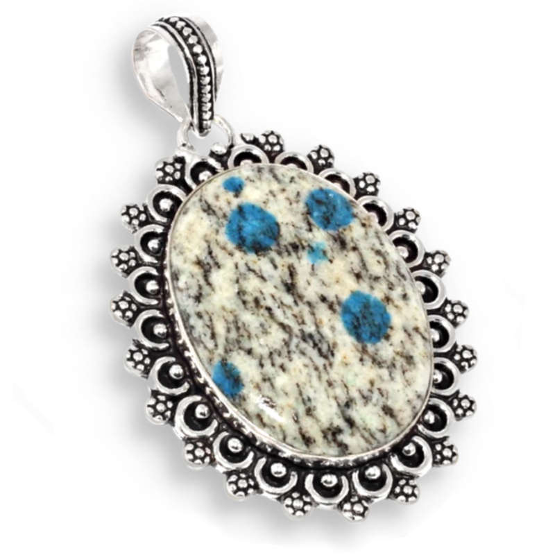 Victorian Natural K2 Blue Azurite in Quartz Gemstone set in .925 Sterling Silver Plated Pendant