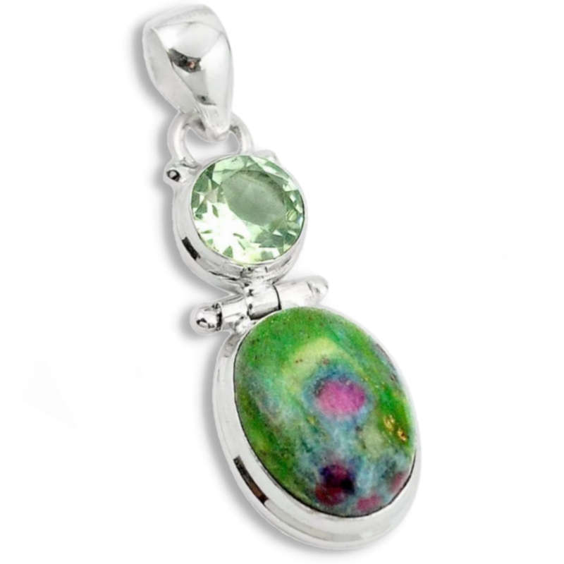 Natural Green Amethyst and Ruby in Fuchsite Set in Solid .925 Sterling Silver Pendant