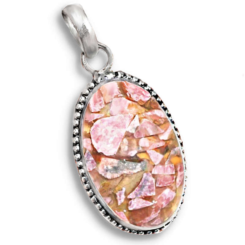 Natural Copper Rhodochrosite Oval Composite Gemstone .925 Sterling Silver Plated Pendant