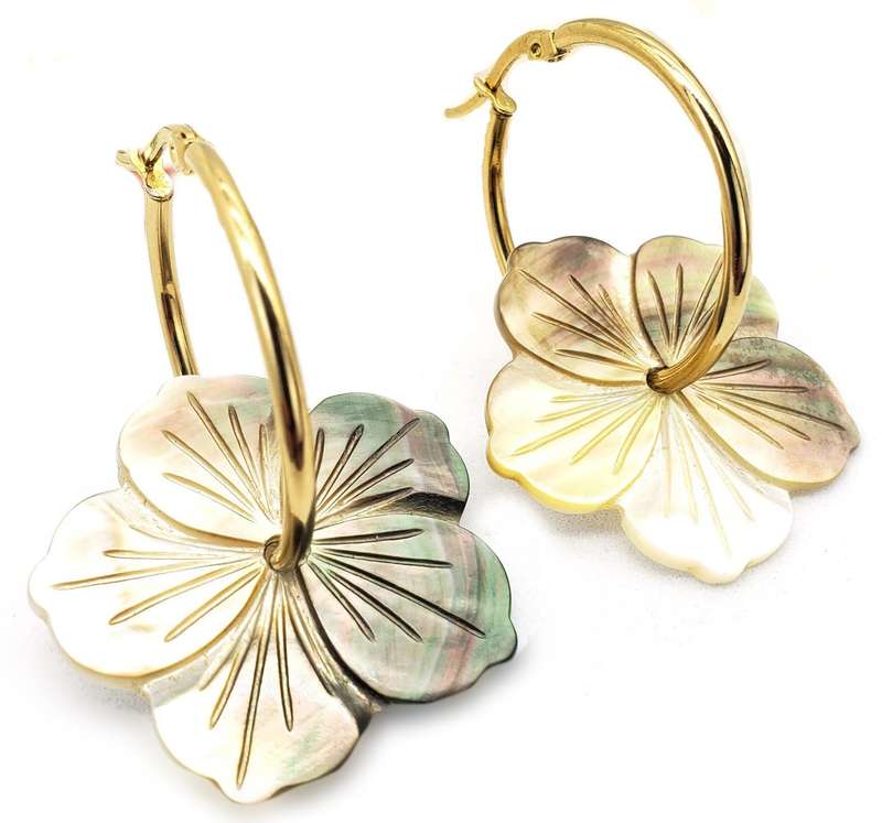 Handmade Natural Mother of Pearl Plumeria Flower Gold Plated Earrings