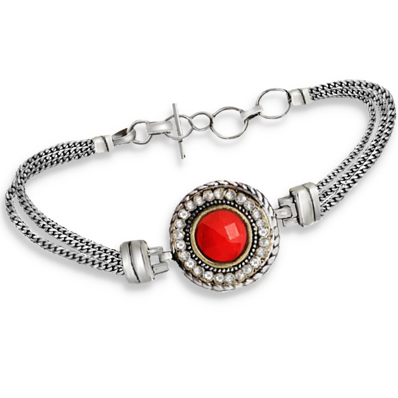 Turkish Style Red Coral, White Topaz Gemstone 925 Sterling Silver Plated Bracelet