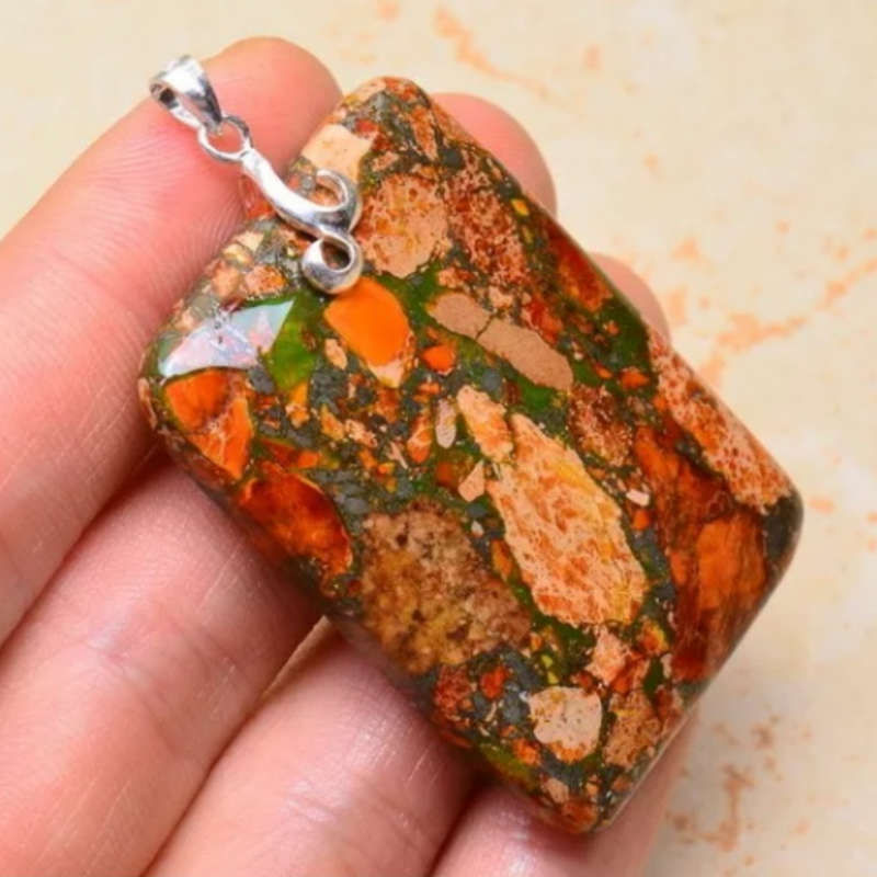 Natural Orange Copper Turquoise Rectangle Gemstone set with Solid .925 Sterling Silver Pendant