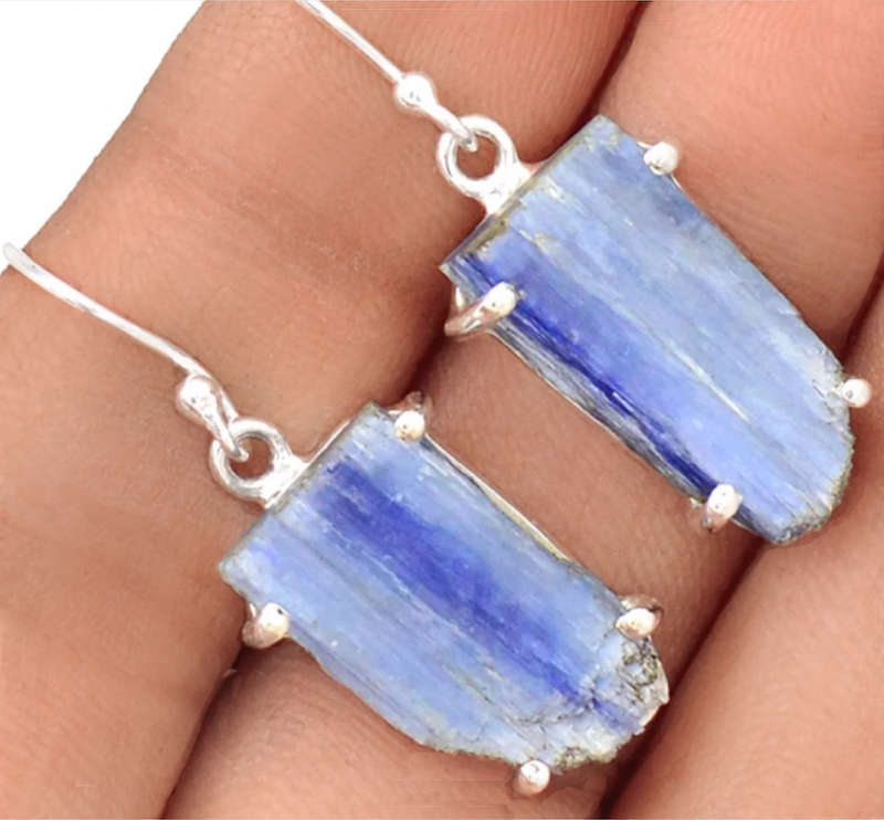 Natural Denim Blue Kyanite Rough set in Solid .925 Sterling Silver Earrings