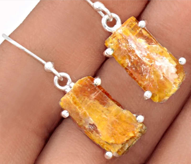 Natural Yellow Orange Kyanite Rough set in Solid .925 Sterling Silver Dainty Earrings