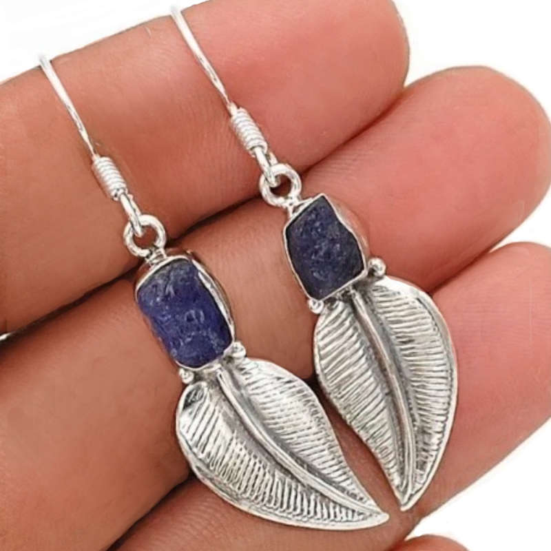 Natural Kyanite Rough Gemstone set in Solid .925 Sterling Silver Leaf Shape Earrings