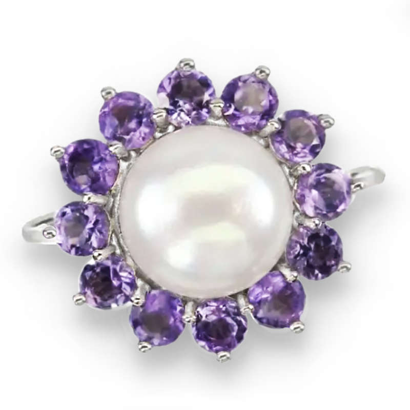 Deluxe Natural Purple Amethyst And White Pearl Gemstone .925 Sterling Silver Earrings