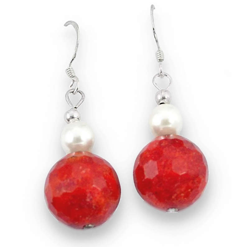 15.86 cts Natural Faceted Red Sponge Coral, White Pearl set in Solid .925 Sterling Silver Earrings