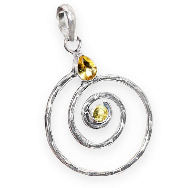 Sunny Citrine Mixed Shape Gemstones set in 925 Sterling Silver Plated Handmade Spiral Pendant