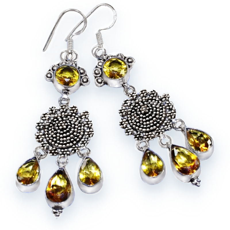 Antique Style Golden Citrine Mixed Shape Gemstones.925 Sterling Silver Plated Chandelier Earrings