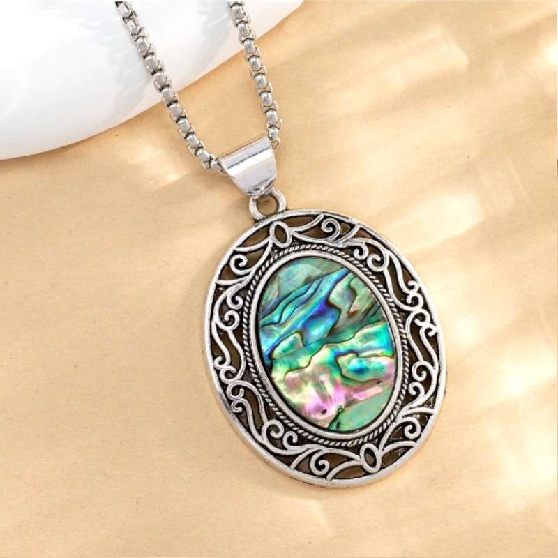 Natural New Zealand Abalone Shell Antique Style Silver Plated Handmade Necklace