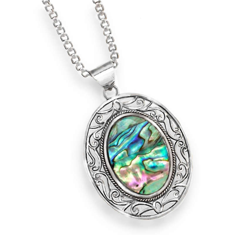Natural New Zealand Abalone Shell Antique Style Silver Plated Handmade Necklace